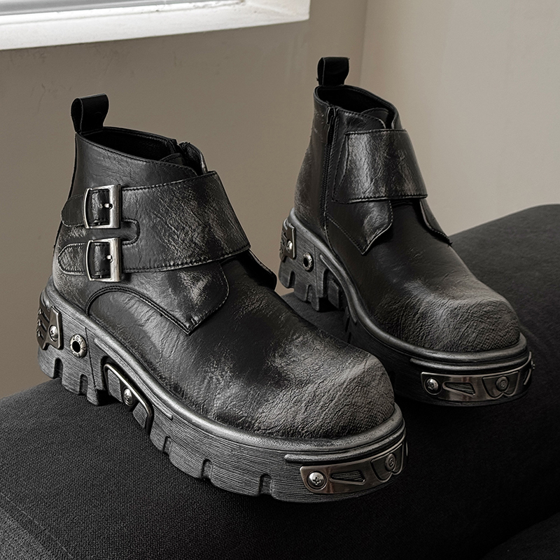 Street Fashion Punk - รองเท้าบูทมอเตอร์ไซค์สไตล์พังก์สุดเท่สำหรับผู้ชายระดับไฮเอนด์ ตกแต่งด้วยกระดุมคู่และโลหะไล่เฉดสี รองเท้าบูทสั้นแฟชั่น