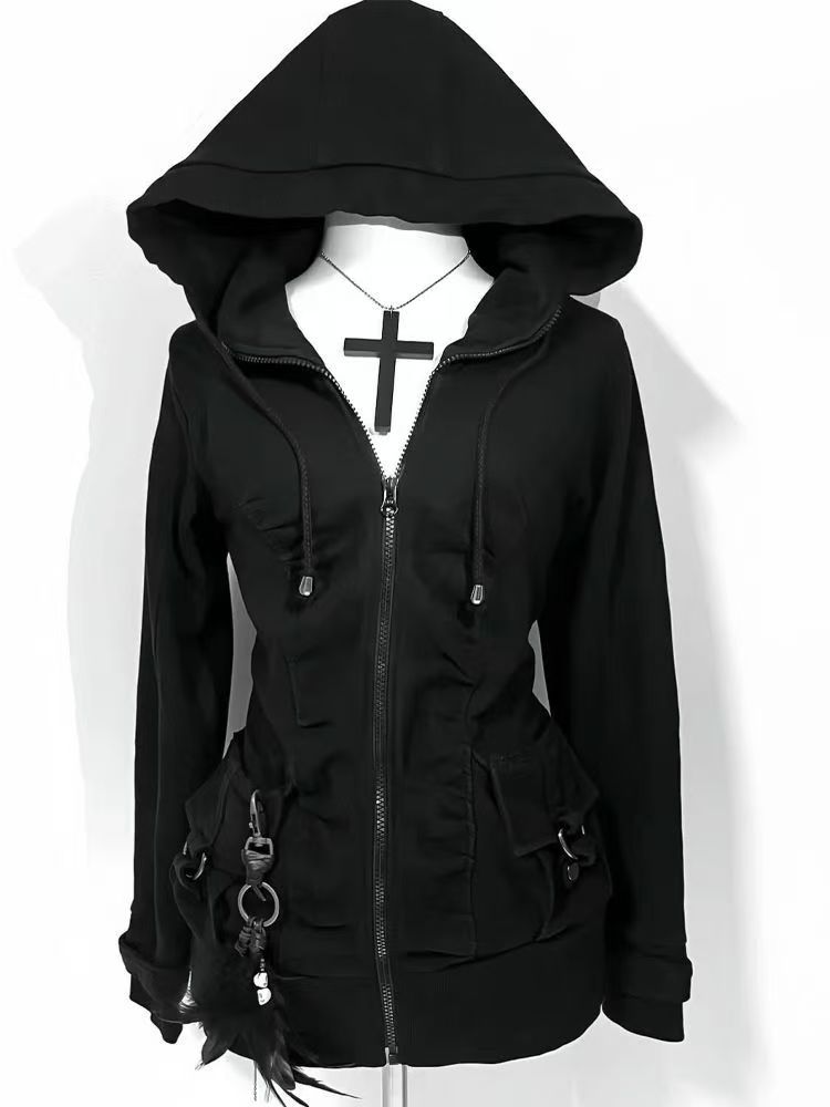 Street Fashion Zip Up Hoodie - เสื้อฮู้ดดี้แฟชั่นสีดำเทรนด์ใหม่สำหรับผู้หญิง สไตล์เรโทรกอธิค เสื้อสเวตเชิ้ตฮิปฮอปพังก์ สไตล์มัลติฟังก์ชั่น คาร์ดิแกนแนวสตรีท