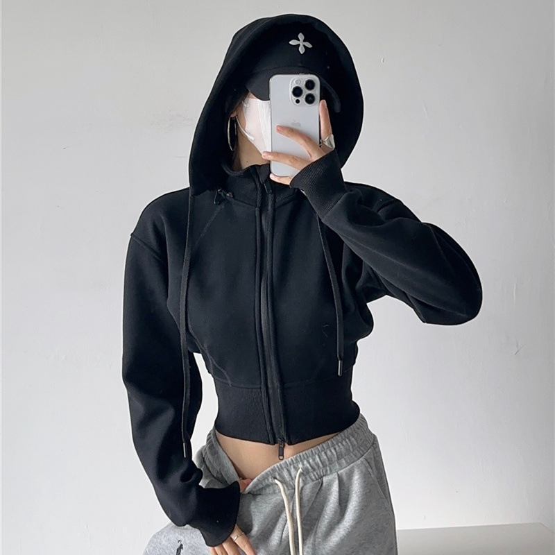 Street Fashion Zip Up Hoodie - เสื้อฮู้ดดี้ครอปสำหรับผู้หญิง แฟชั่นสีพื้น ฮู้ดถอดได้ เอวเข้ารูป แจ็คเก็ตซิป สไตล์ลำลอง
