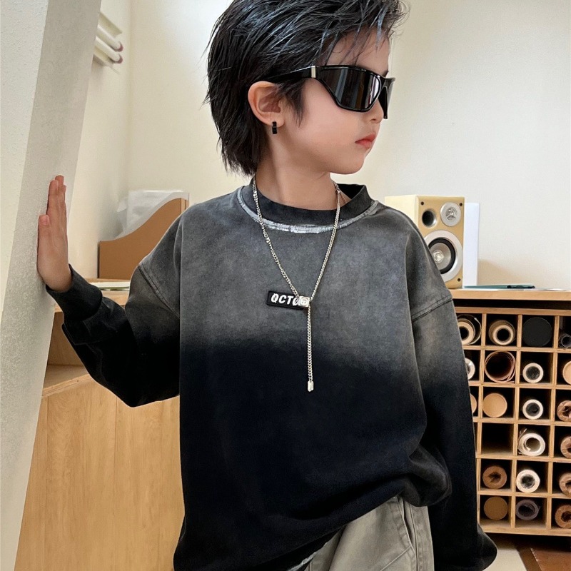 Street Fashion Korean Girl - เสื้อยืดเด็กชายเด็กหญิง ฤดูใบไม้ร่วง 2025 สไตล์เกาหลี แฟชั่นสตรีทไลฟ์ไลน์ไล่เฉดสี ลายเส้นวาดด้วยมือ