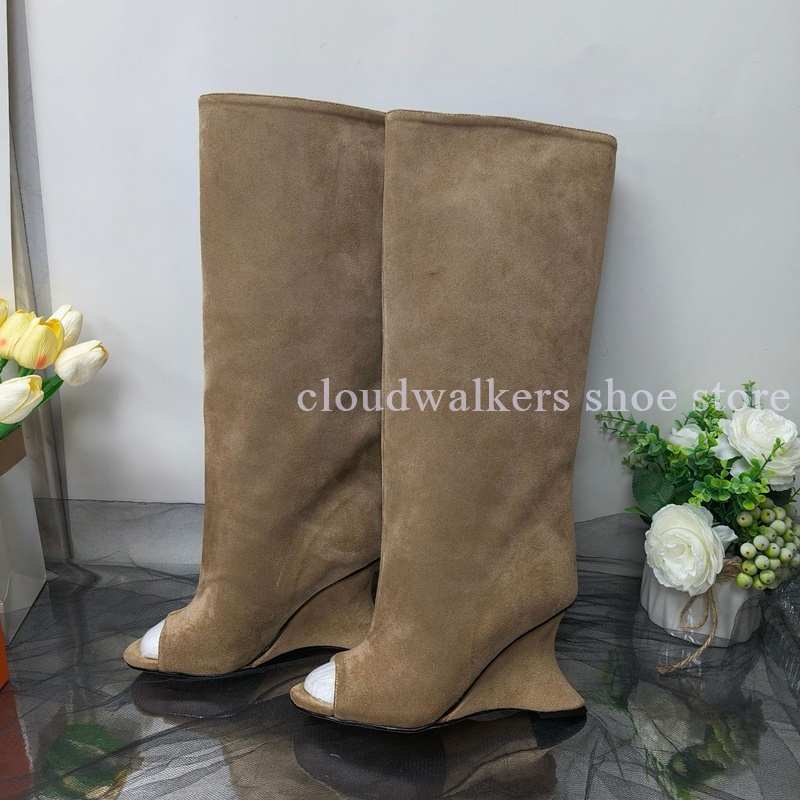 Street Fashion Walk - รองเท้าบูทส้นสูงแบบเปิดนิ้วเท้า หนังกลับ ส้นแปลกตา ความสูงระดับเข่า แฟชั่นสตรีทสไตล์โมเดิร์น ดีไซน์เฉพาะ