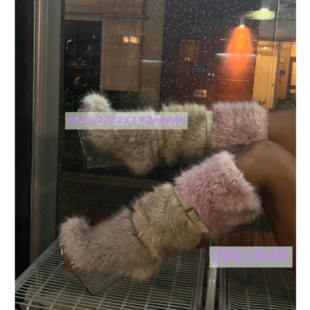 Street Fashion Runway - รองเท้าบูทส้นเตารีดแบบโปร่งใสแต่งขนเฟอร์ลายไล่สีฤดูหนาวสำหรับผู้หญิง รองเท้าบูทหิมะแบบมีสายคาดหัวเข็มขัดหวานๆ แฟชั่นทันสมัยสไตล์พังก์ รองเท้าบูทสูงถึงเข่า ไซส์ 43