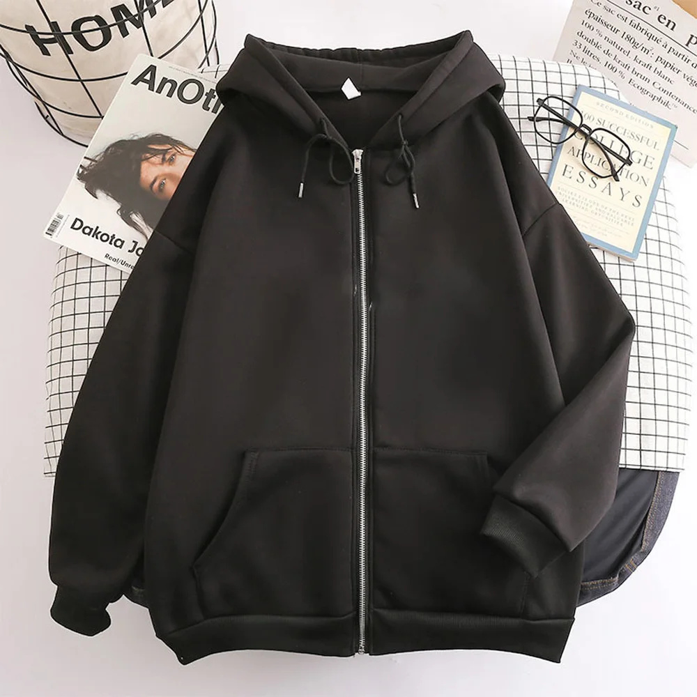 Street Fashion Zip Up Hoodie - เสื้อฮู้ดดี้ผู้ชายสไตล์สตรีท สีพื้น ซิปหน้า แขนยาว ทรงหลวม เสื้อแจ็คเก็ตโค้ทลำลอง