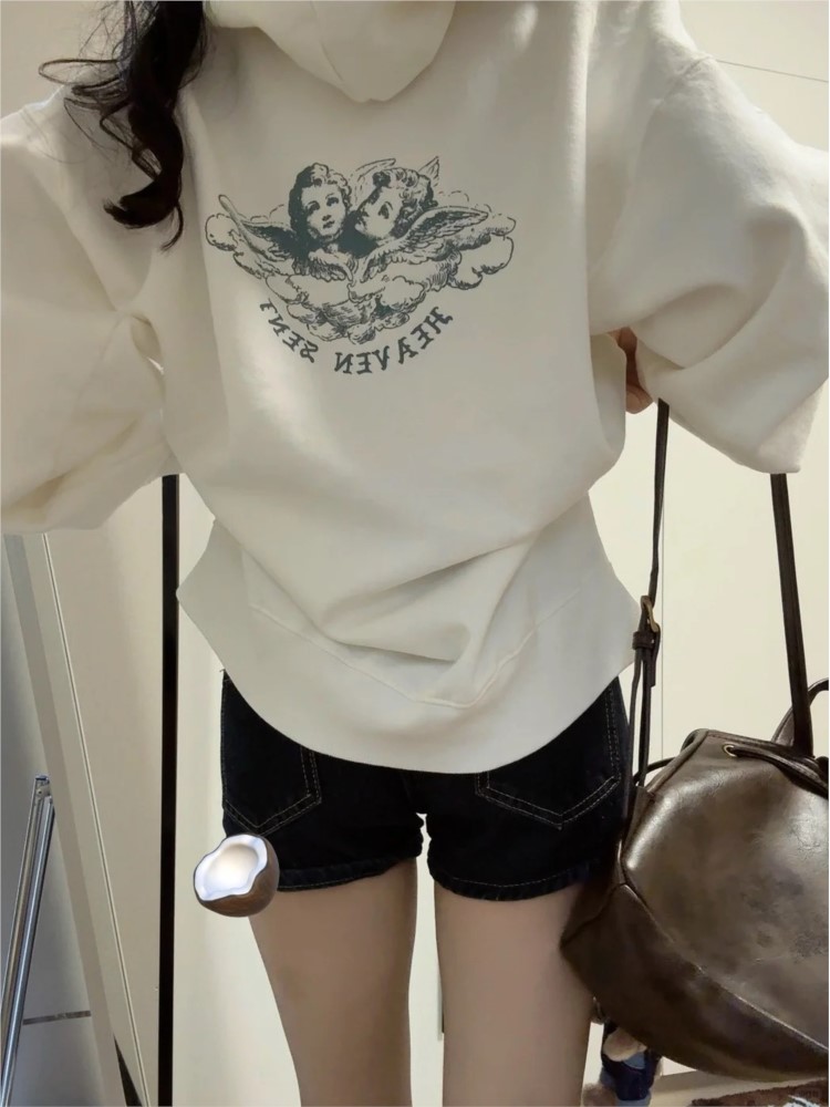 Street Fashion Zip Up Hoodie - เสื้อฮู้ดดี้สีขาวสไตล์วินเทจสำหรับผู้หญิง แขนยาว มีกระเป๋า ทรงหลวม ผ้าเทอร์รี่ เหมาะสำหรับฤดูใบไม้ร่วง