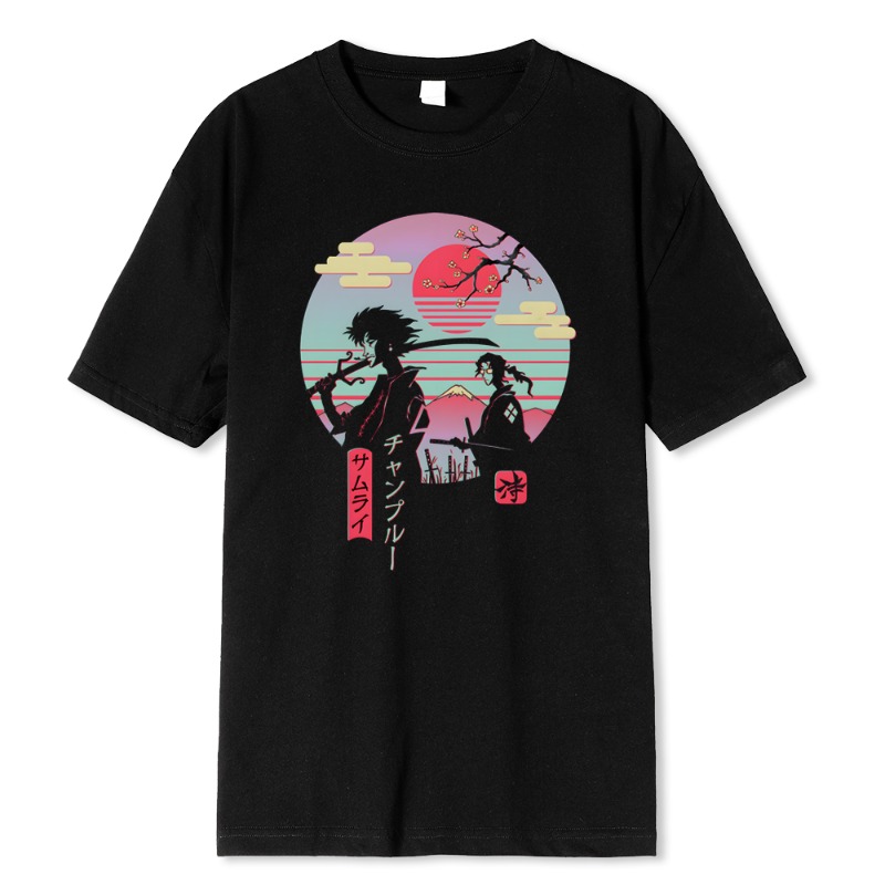 Street Fashion Walk - เสื้อยืดพิมพ์ลายซามูไรญี่ปุ่น 2 คนเดินกลับบ้าน สไตล์ฮิปฮอป แฟชั่นสตรีท สำหรับผู้ชาย