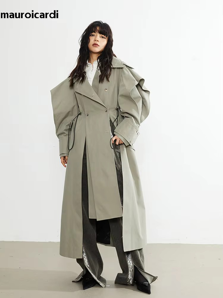 Street Fashion Runway - Mauroicardi ฤดูใบไม้ผลิยาวขนาดใหญ่ Elegant Ruffled Trench Coat