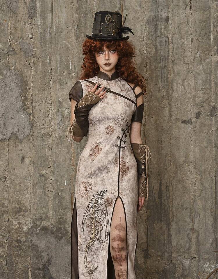Street Fashion Punk - ชุดกี่เพ้าปักลายมังกรสไตล์สตีมพังก์ พร้อมชายกระโปรงผ่าสำหรับงานปาร์ตี้คอสเพลย์ฮาโลวีน