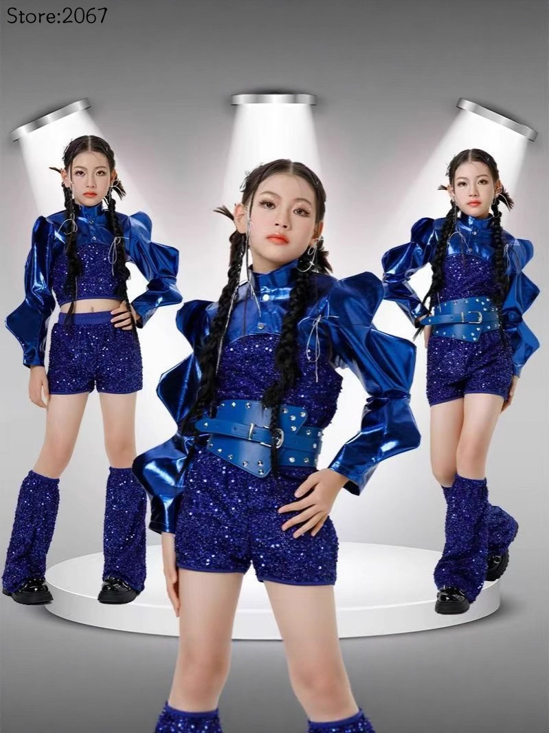 Street Fashion Runway - ชุดเต้นแจ๊สประดับเลื่อม ชุดฮิปสเตอร์แฟชั่นสำหรับสาวๆ ชุดเต้นสตรีทประดับเลื่อม ชุดแสดงบนเวทีสำหรับสาวๆ สีน้ำเงิน ปี