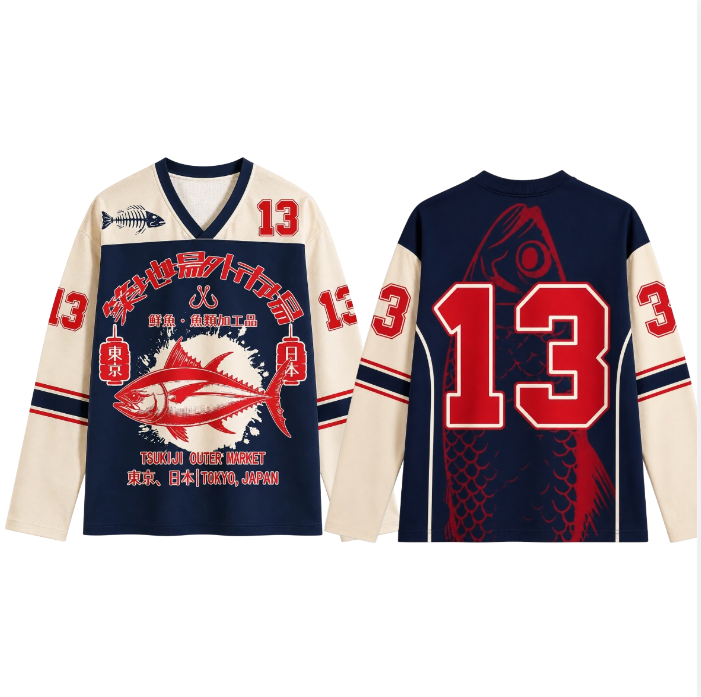 Fashion Streetwear - เสื้อยืดแขนยาวพิมพ์ลาย 3 มิติสไตล์ญี่ปุ่นย้อนยุคสำหรับผู้ชายและผู้หญิง คอวี สตรีทแวร์ ทรงหลวม