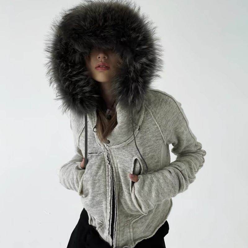 Street Fashion Zip Up Hoodie - วินเทจแฟชั่นZip Upผู้หญิงเสื้อลําลองขนสัตว์Hoodiesปุ่มเย็บChic Streetwearความงามกระเป๋าCardigans