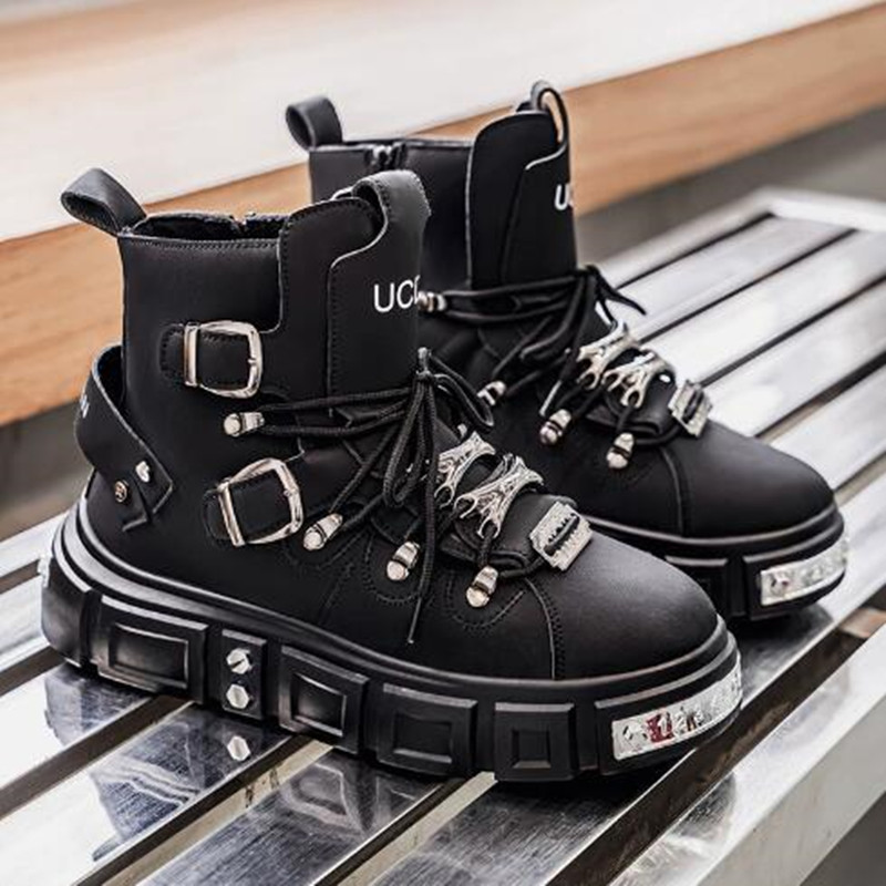 Street Fashion Punk - รองเท้าผ้าใบหุ้มข้อสูงสีดำสไตล์แฟชั่น หนังแท้ ดีไซน์หรูหรา แนวสตรีท โกธิค พังก์