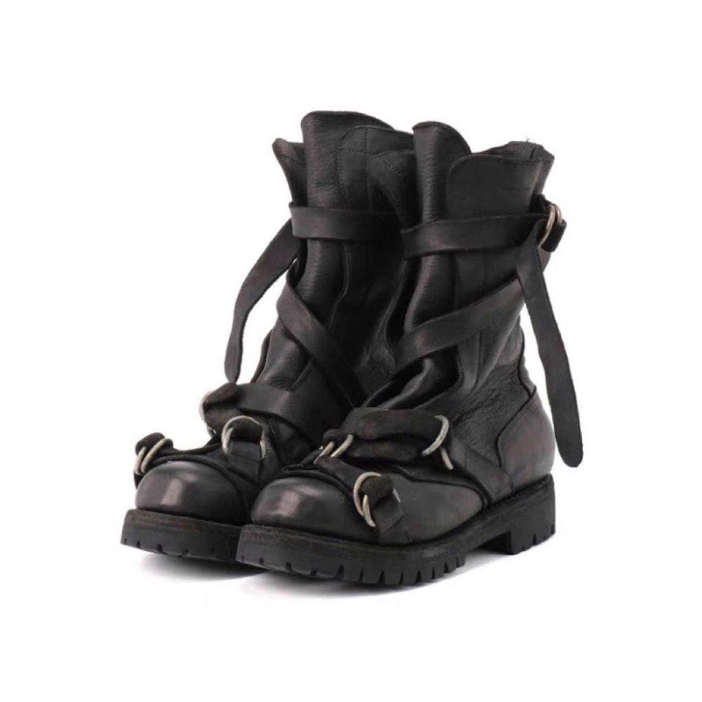 Street Fashion Punk - รองเท้าหนังผู้ชายรถจักรยานยนต์ Punk Retro หนา Soled กลางลูกวัวรองเท้าอัศวินสีดํานุ่มเข็มขัดสายคล้องคอ