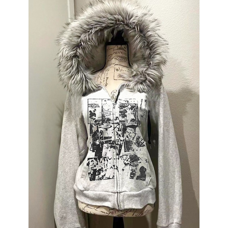 สีเทาFaux Furขนสัตว์คู่ซิปเสื้ - Street Fashion Zip Up Hoodie บทวิจารณ์และราคา