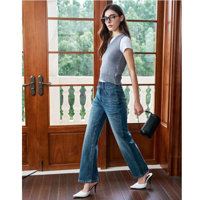 กางเกงยีนส์ทรงตรงสีน้ำเงินแฟชั - Street Fashion Korean Girl บทวิจารณ์และราคา