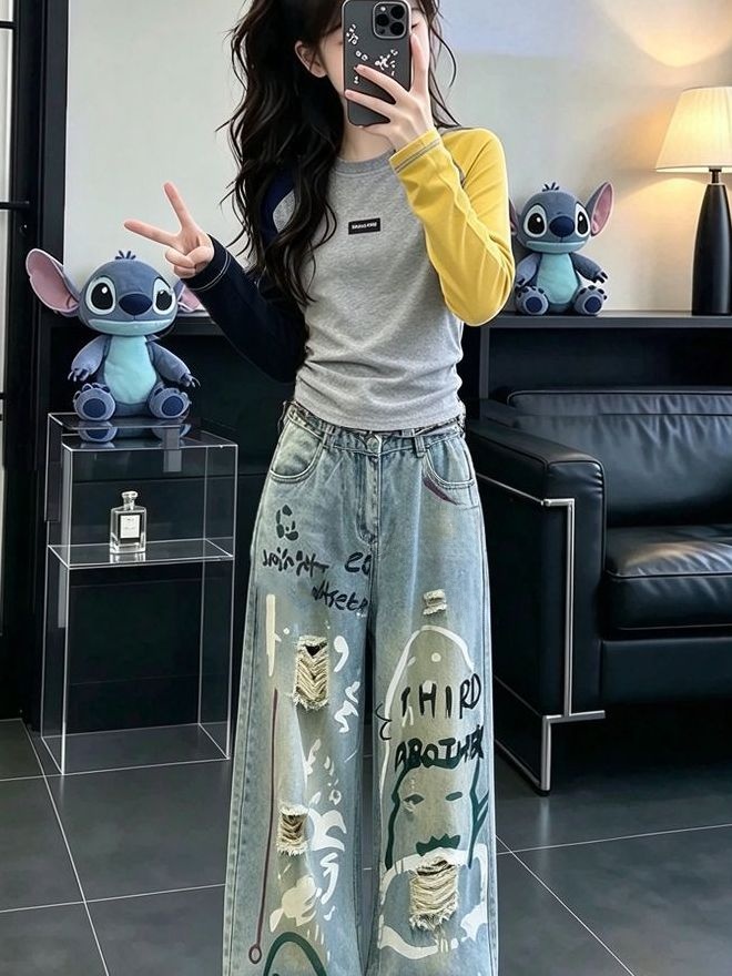 ชุดเดนิมแขนยาวลำลองสำหรับสาวๆ  - Street Fashion Korean Girl บทวิจารณ์และราคา