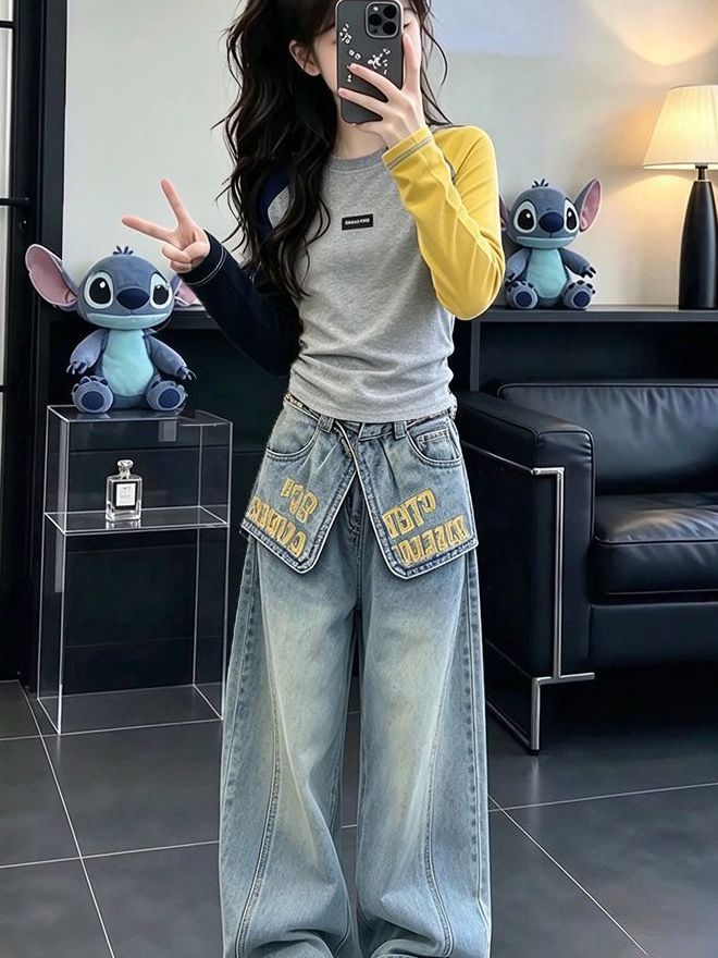 ชุดเดนิมแขนยาวลำลองสำหรับสาวๆ  - Street Fashion Korean Girl บทวิจารณ์และราคา